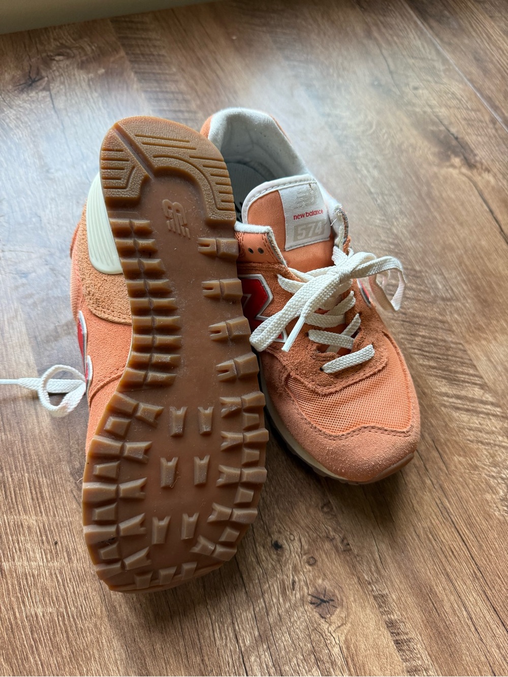 New Balance Orange Suede & Mesh 574 Sneakers with Cream Details - Picture 3 of 4